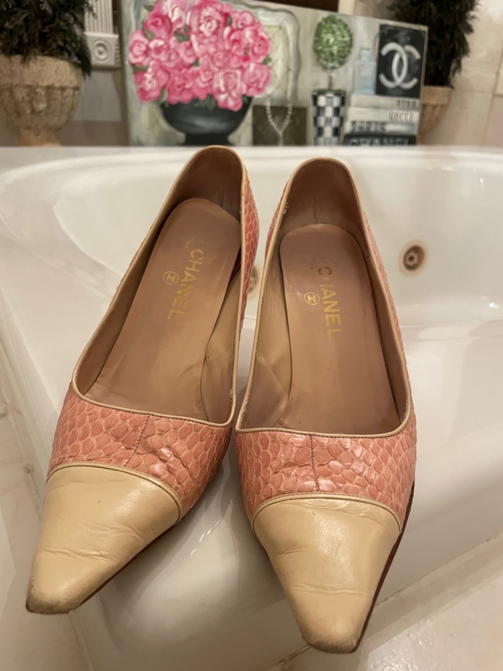 CHANEL Pink Textured Pumps with Cream Pointed Toe